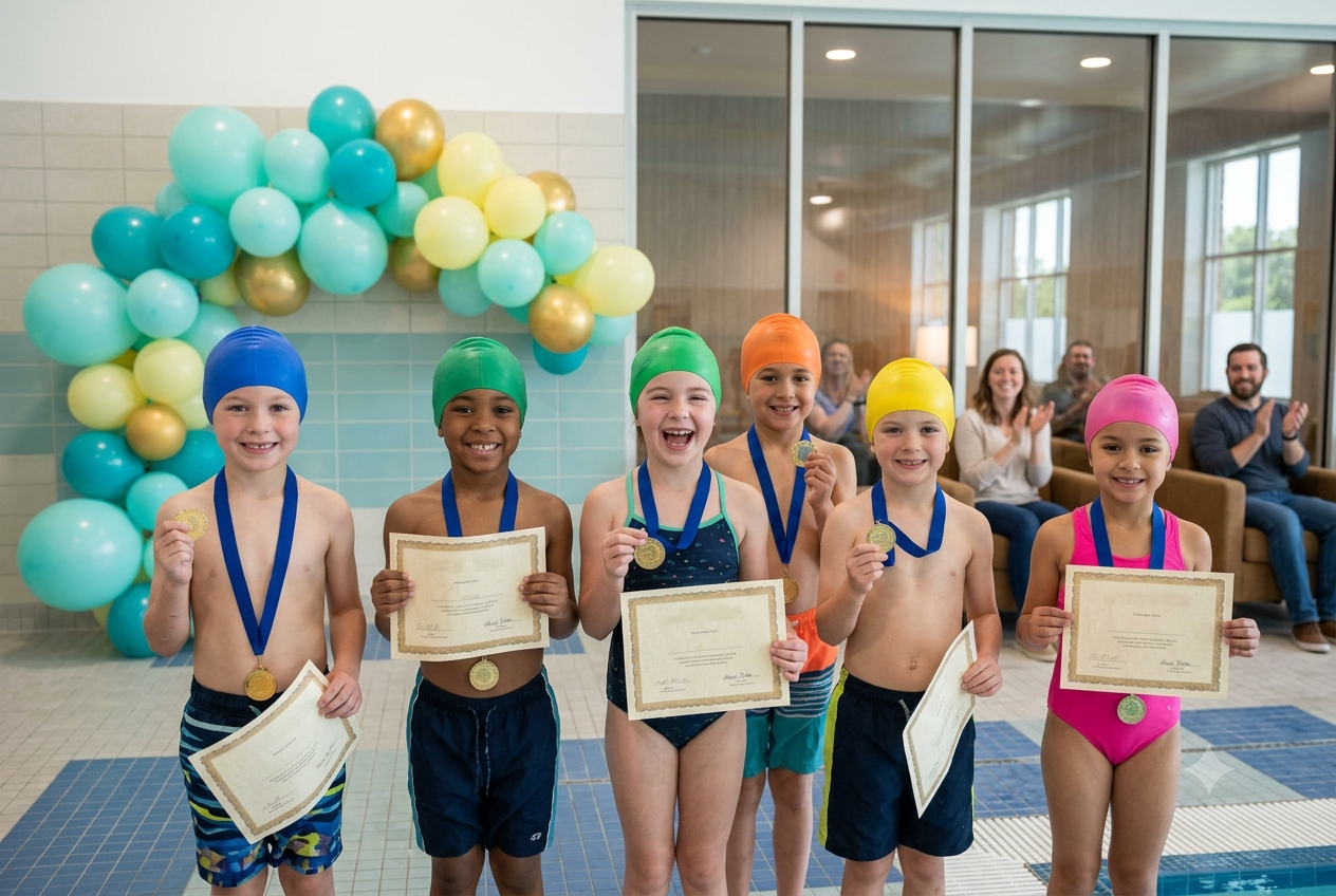 AquaCubs swimmers celebrating their progress at the pool